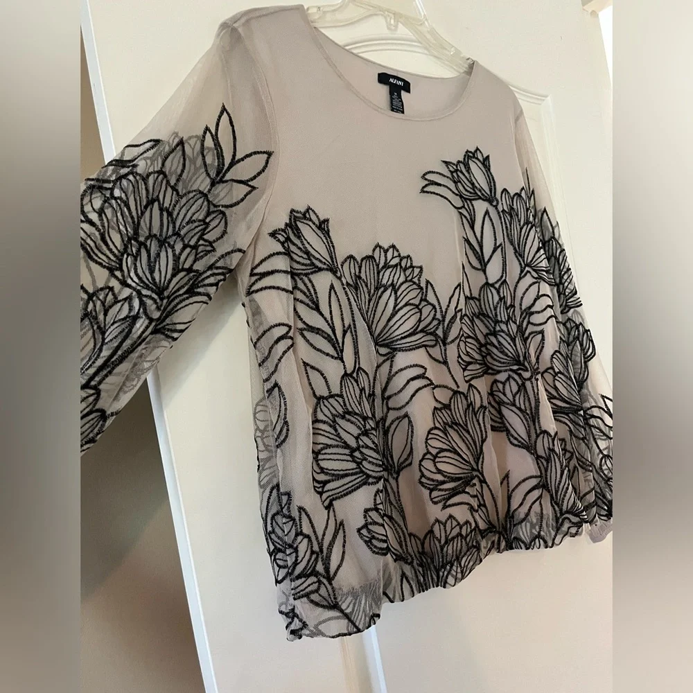 Alfani Taupe Rayon Blend Embroidery Floral Sheer Sleeve women’s size medium - Picture 6 of 14